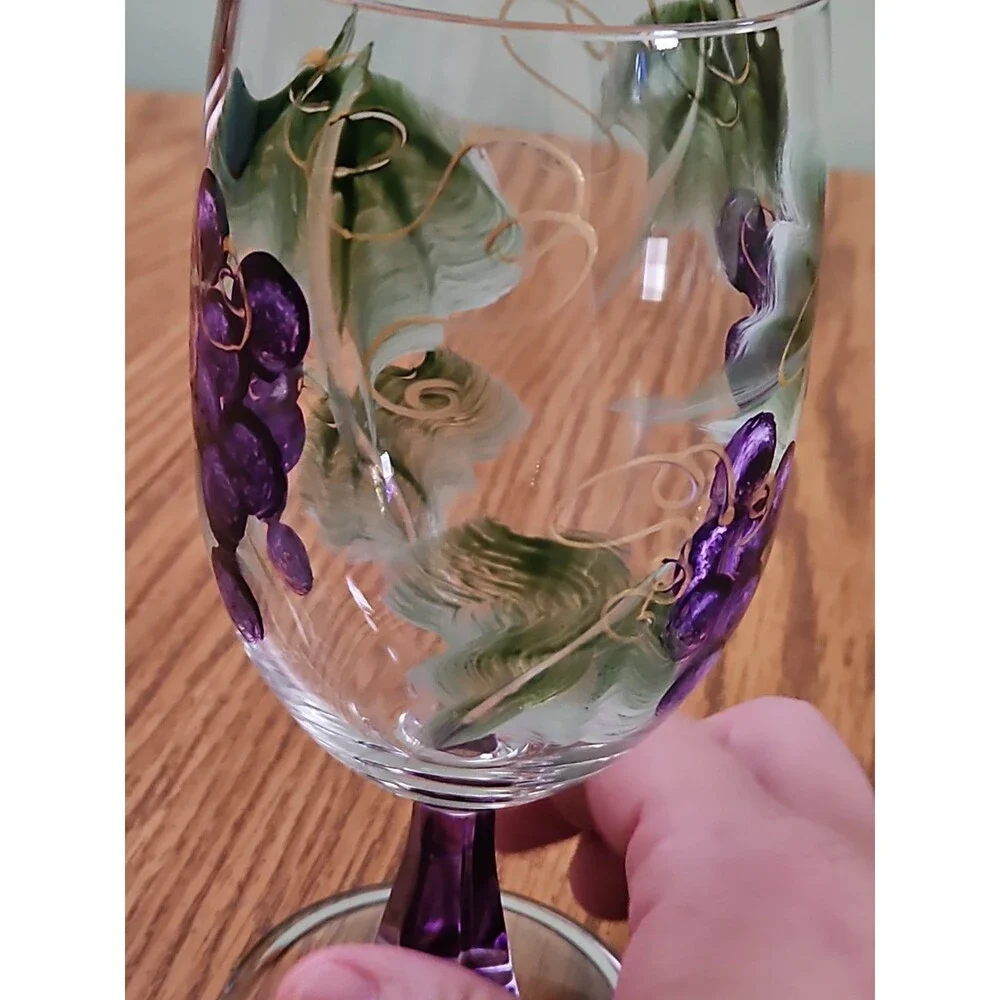 Set of 2 Hand Painted Grape Stemmed Wine Glasses, Clear Purple Glass Vines